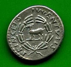 Denar Domitianus C. 390 Rv. PRINCEPS IVVENTVTIS. Ziege li. im Lorbeerkranz..jpg