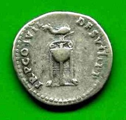 Denar Domitianus RSC 568b (var.). Rv. TRP COS VII DES VIII PP. Delfin über Dreifuß.jpg