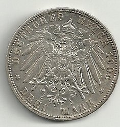 3 Mark; 1908; Wilhelm II Deutscher Kaiser König v. Preussen; Rs.jpg