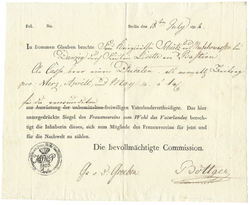 Urkunde als Mitgliedsbescheinigung - Frauenvereins zum Wohl des Vaterlandes - US Graf vn Groeben - Datum Berkn 18.6.1814.jpg