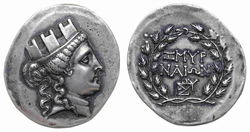 Ionia Smyrna. AR Tetradrachm Stephanophoric type. Posidonios magistrate 150-143.jpg