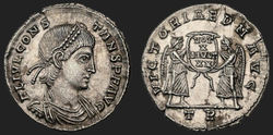 Römisches Kaiserreich Constans (Augustus 337-350). geprägt 342-343 n. Chr. oder 347 n. Chr. Mzst. Treverorum. AR Siliqua 20 mm, 3,32 g, 5 h. Ref. RIC 168 klein.jpg