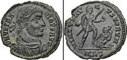 Römisches Kaiserreich Vetranio (Augustus 1. März bis 25. Dezember 350). Geprägt 350 Siscia, 1. Offizin. Æ ½ Centenionalis 19,5 mm, 1,85 g, 6 h..jpg