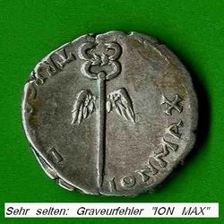 Denar Vespasianus C. 362 var.; RIC(neu) 1476 var. Rv. ION MAX TRP COS V. Geflügelter Merkurstab..jpg